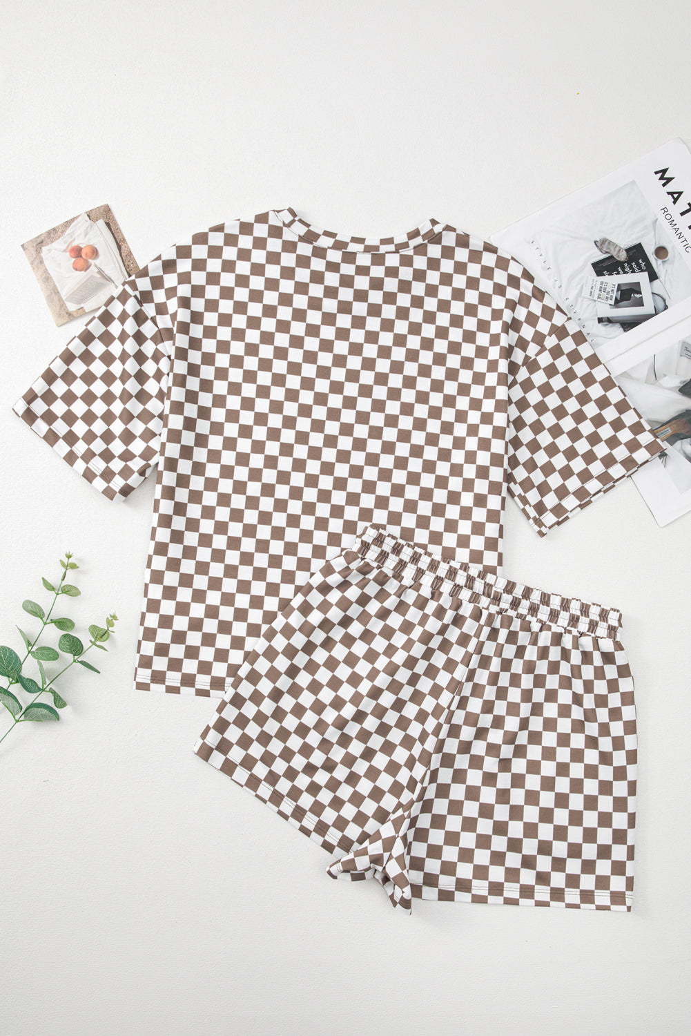 Brown Checkered Top and Short Casual 2pcs Set Aaria Tees