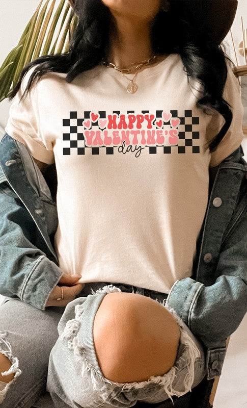 Happy Valentines Day Checkered Graphic Tee - Aaria Tees