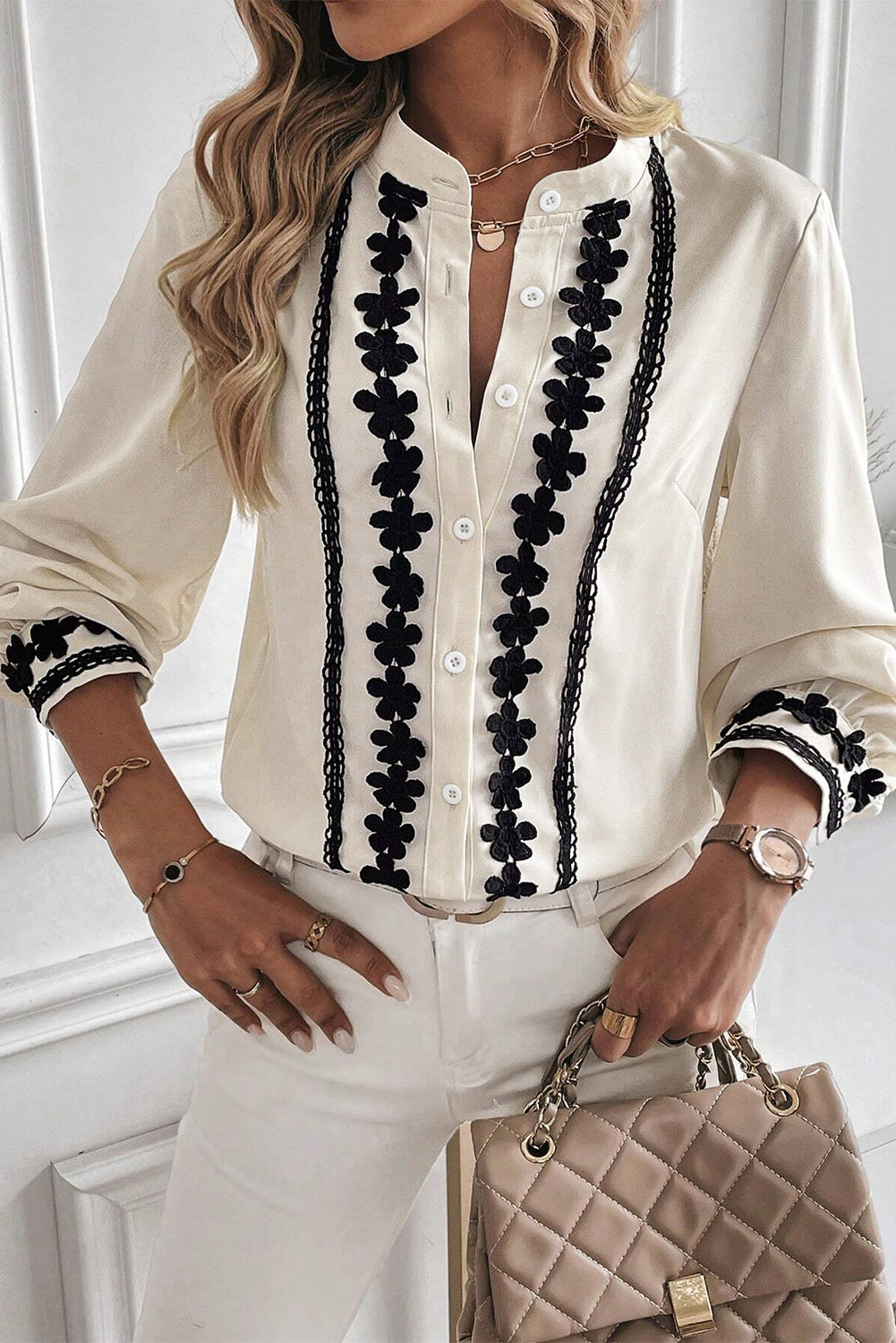 Beige Floral Embroidered Stand Neck Buttoned Shirt Aaria Tees