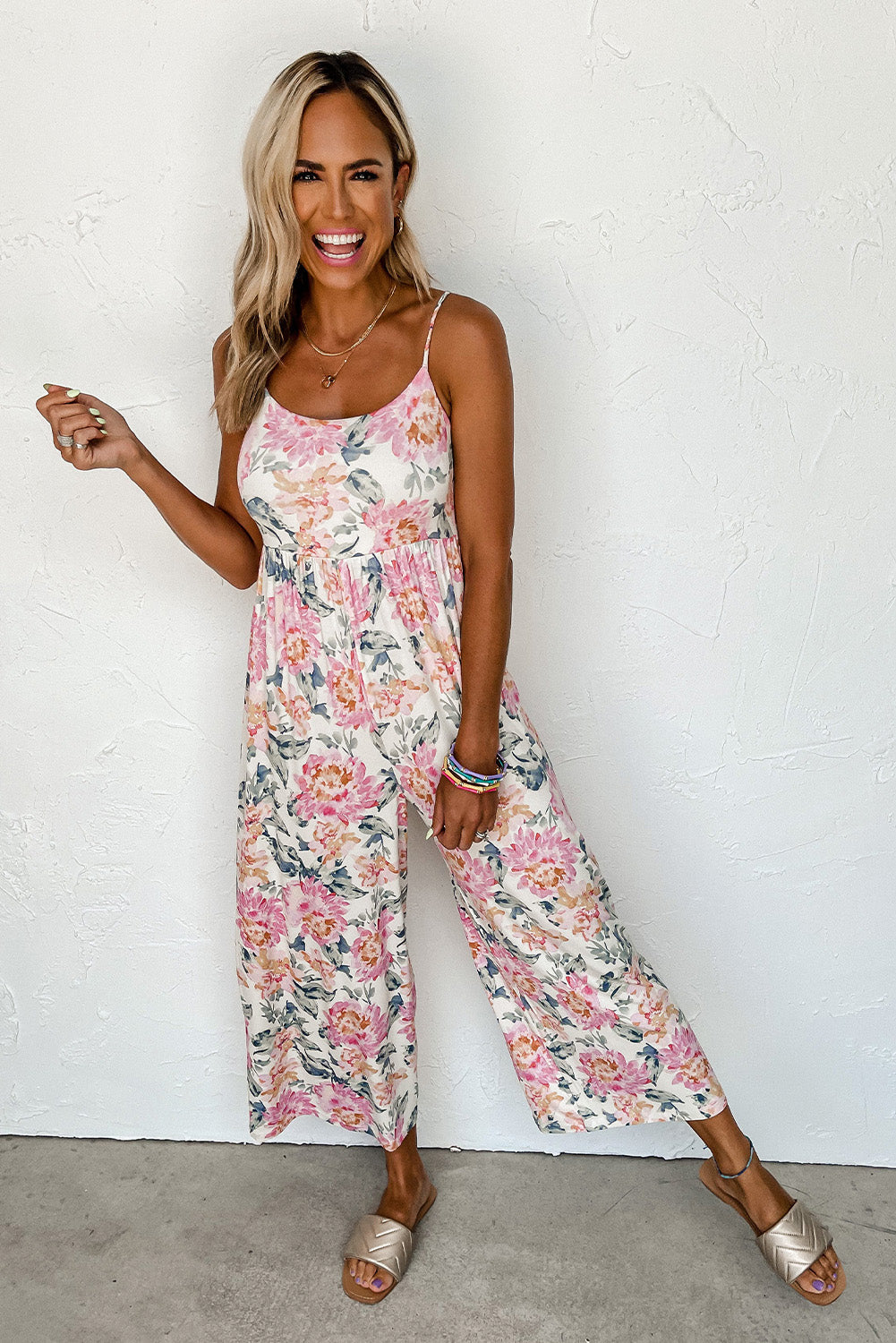White Floral Spaghetti Straps Wide Leg Jumpsuit Aaria Tees