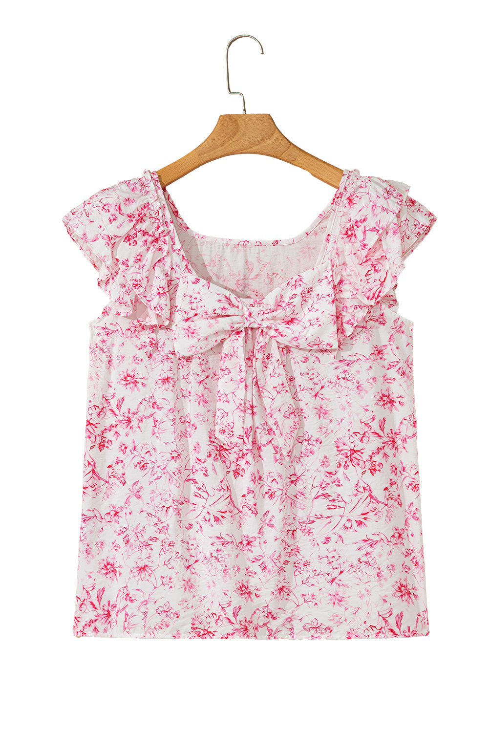 Sky Blue Floral Ruffled Short Sleeve Bow Back Square Neck Blouse