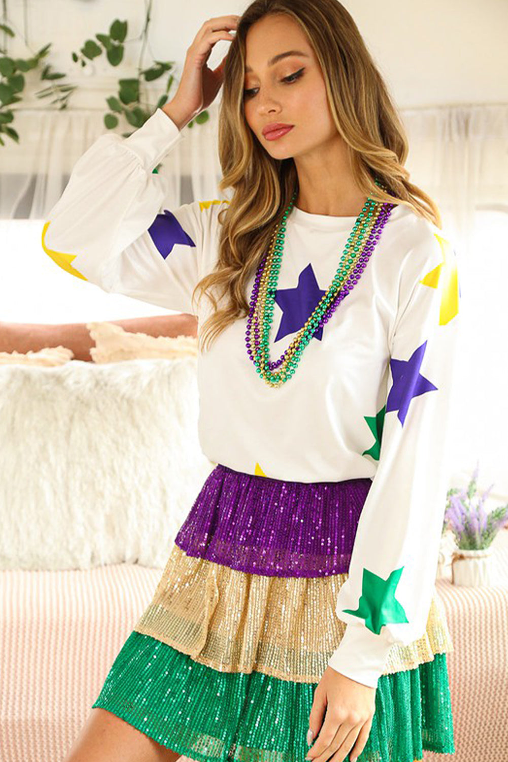 White Mardi Gras Star Printed Long Sleeve Top - Aaria Tees