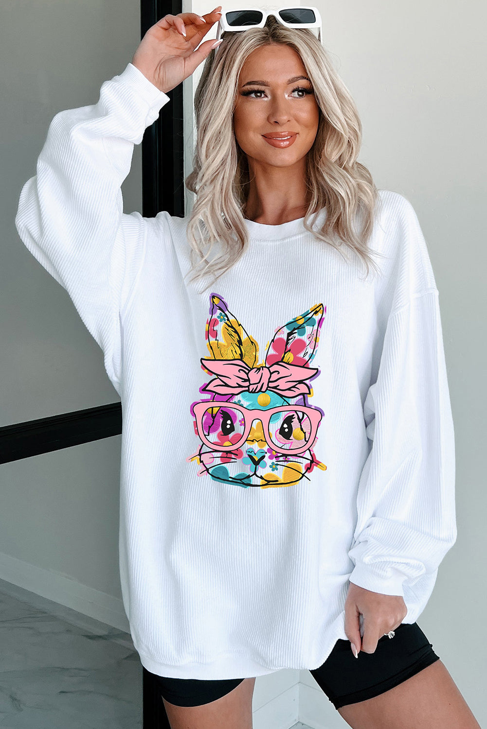 White Floral Rabbit with Glasses Graphic Corded Easter Sweatshirt Aaria Tees