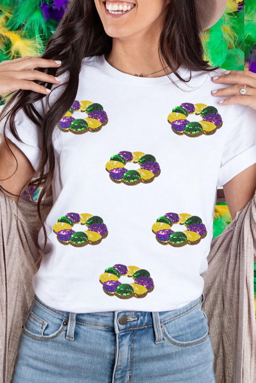 White Sequined Mardi Gras Pattern Crew Neck Short Sleeve Top - Aaria Tees Aaria Tees