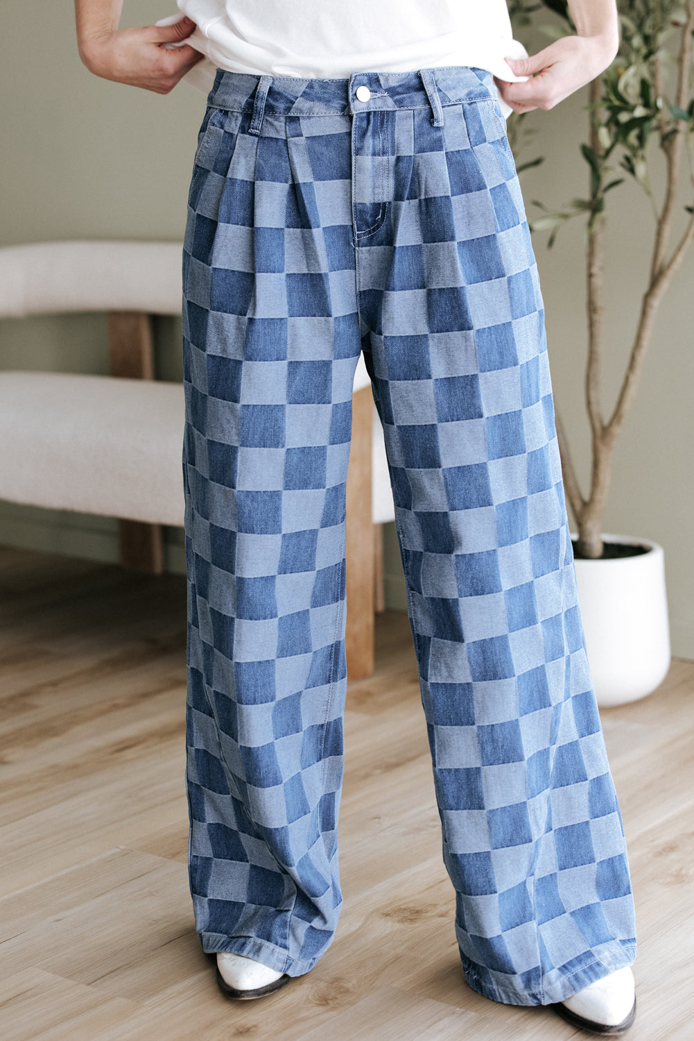 Dusk Blue Checkered Denim Wide Leg Jeans - Aaria Tees