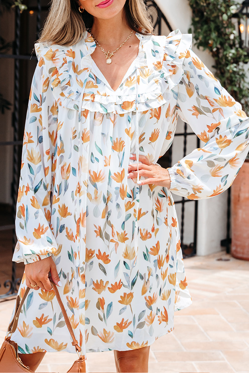 Yellow Floral Print Tie Neck Frilled Detail Long Sleeve Mini Dress