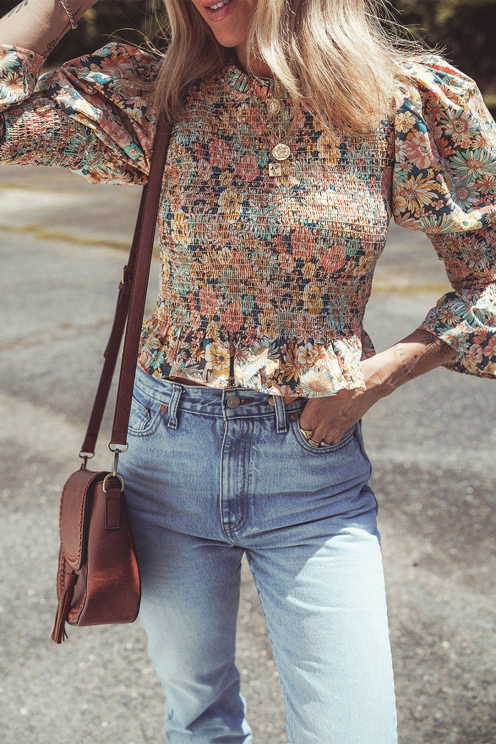 Yellow Floral Print Smocked Bubble Sleeve Ruffled Crop Top Aaria Tees Aaria Tees