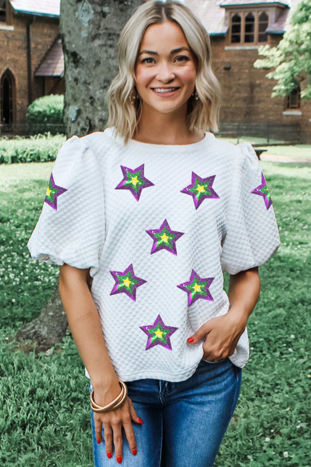 White Textured Sequin Mardi Gras Star Graphic Puff Sleeve Blouse Aaria Tees