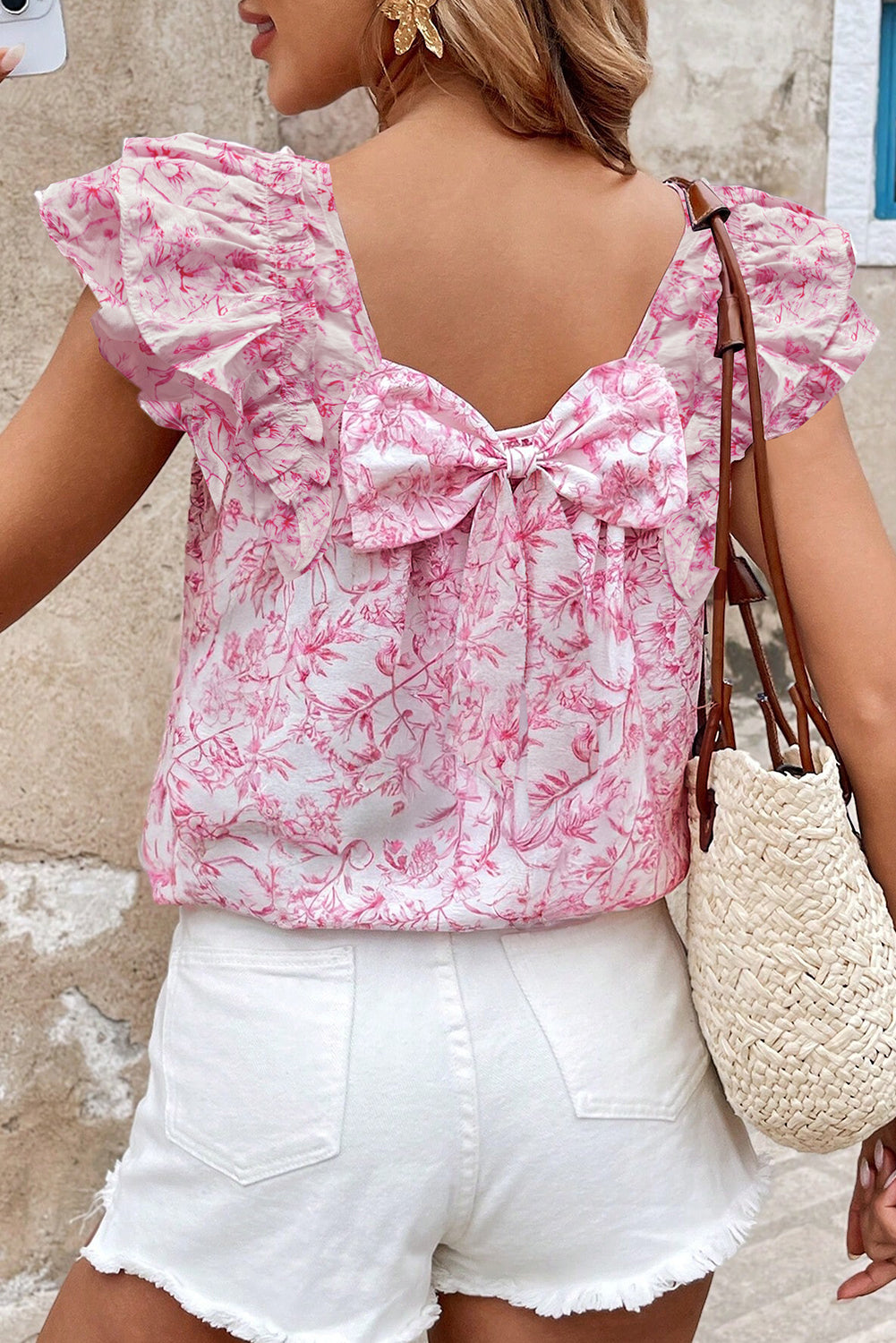Sky Blue Floral Ruffled Short Sleeve Bow Back Square Neck Blouse
