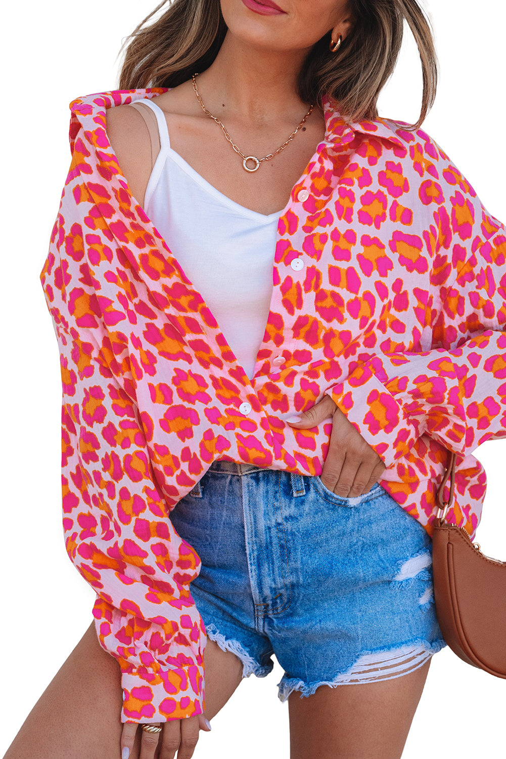 Rose Leopard Printed Button Up Loose Shirt - Aaria Tees