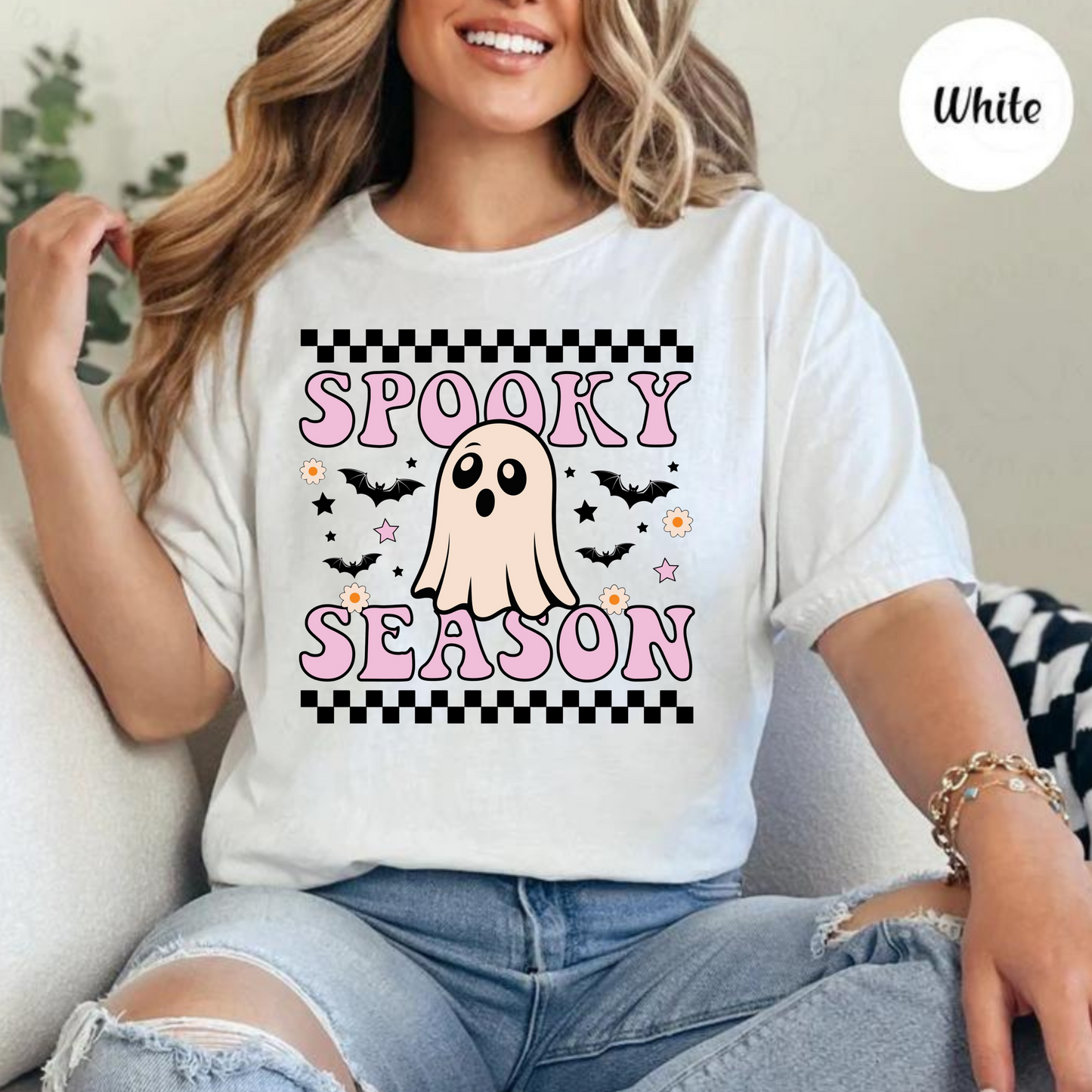 Pink Spooky Season with Ghosts & Bats Graphic Tee