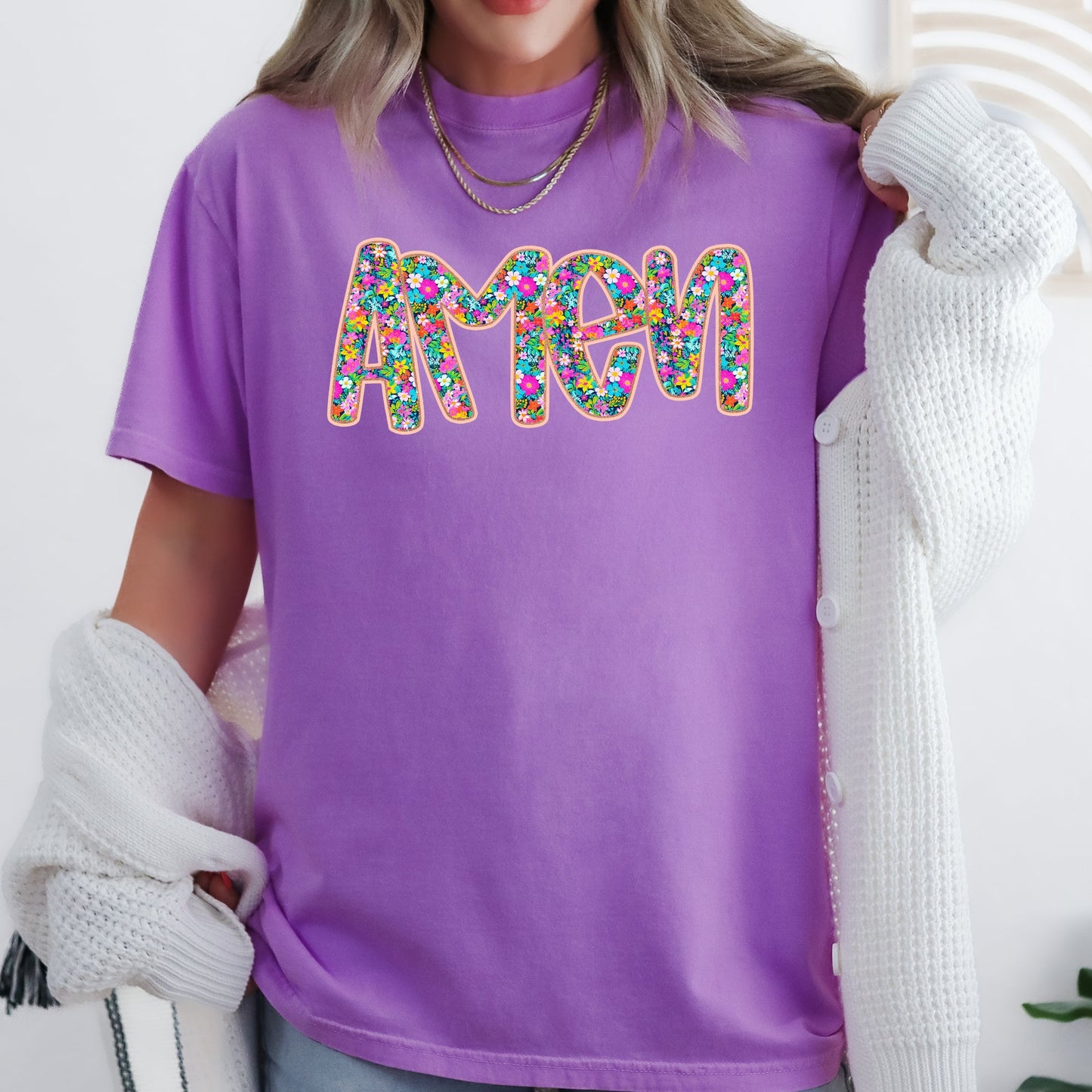 Amen, Christian, Gospel, Faith, Floral, Flowers, Bright, Colorful, Pastels Tshirt Comfort Colors T-Shirt