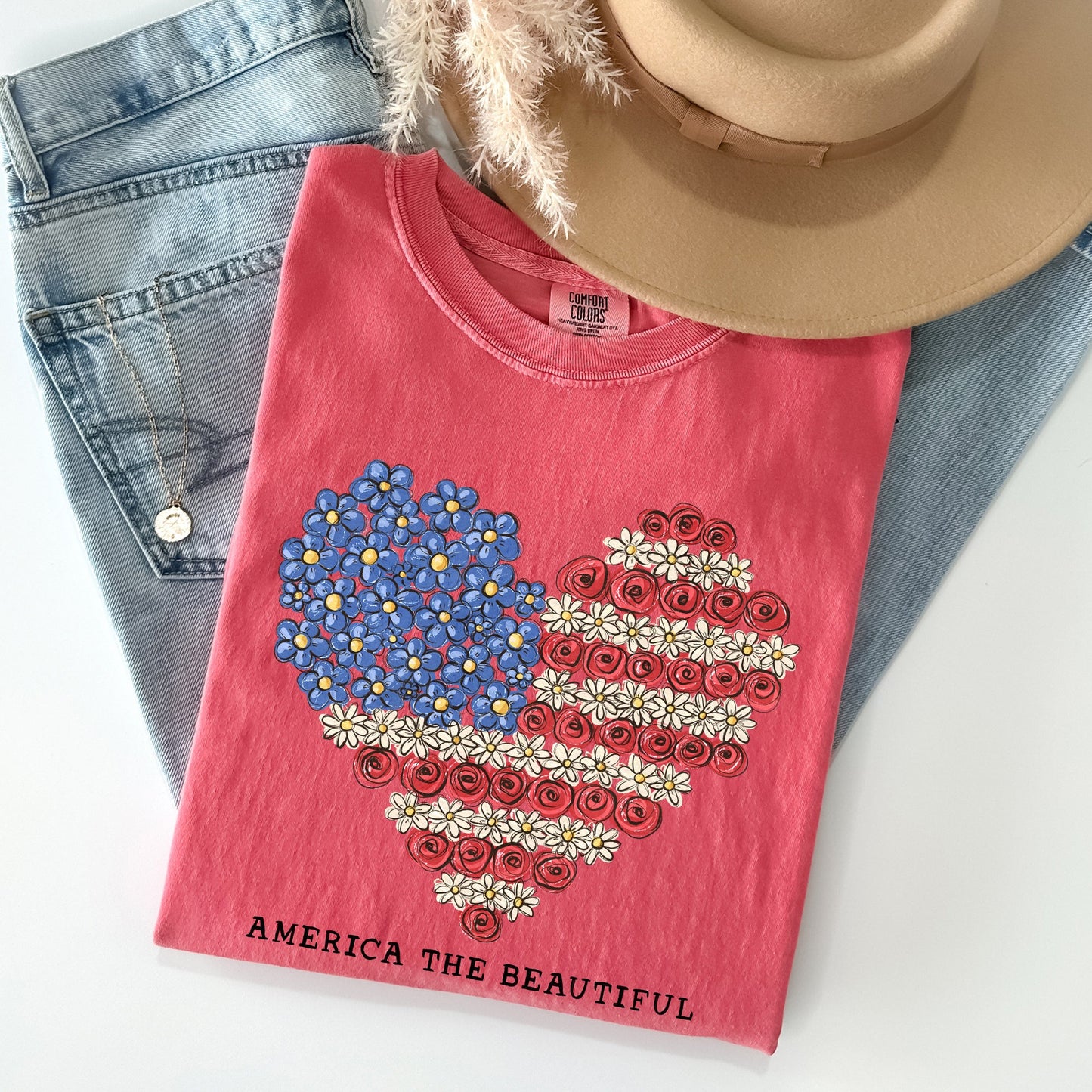 America The Beautiful, Flowers, Heart Flag, Patriotic Tshirt Comfort Colors T-Shirt