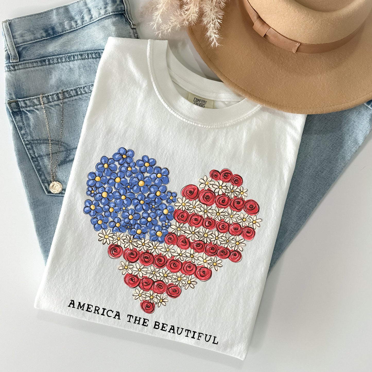 America The Beautiful, Flowers, Heart Flag, Patriotic Tshirt Comfort Colors T-Shirt