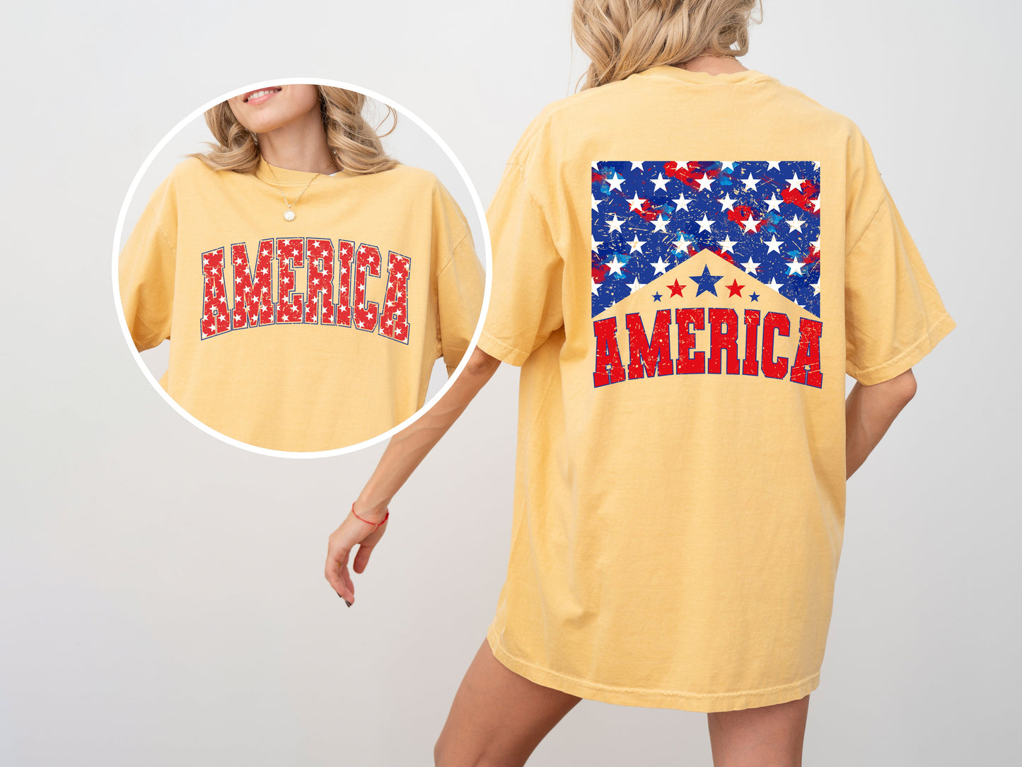 America, Red White Blue, Stars, Stripes, Patriotic, Independence Day, Front and Back, USA, Flag, Tshirt Comfort Colors T-Shirt