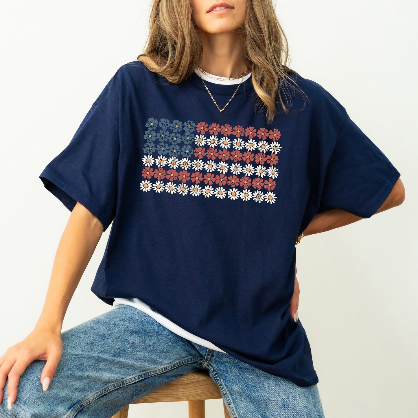 American Flag, Flowers, Red White Blue, Floral, Patriotic, Independence Day, 1776, USA, Tshirt Comfort Colors T-Shirt