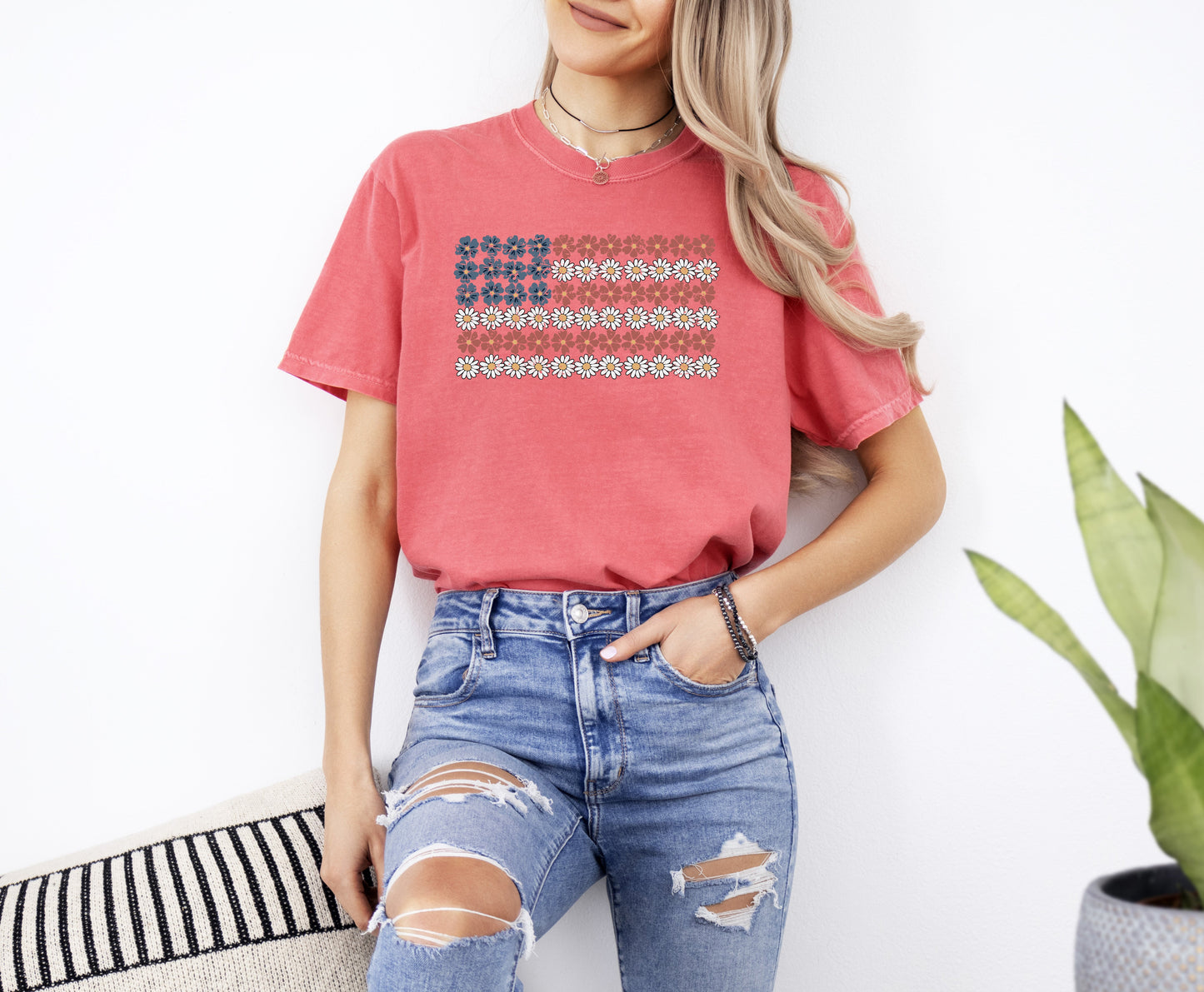 American Flag, Flowers, Red White Blue, Floral, Patriotic, Independence Day, 1776, USA, Tshirt Comfort Colors T-Shirt