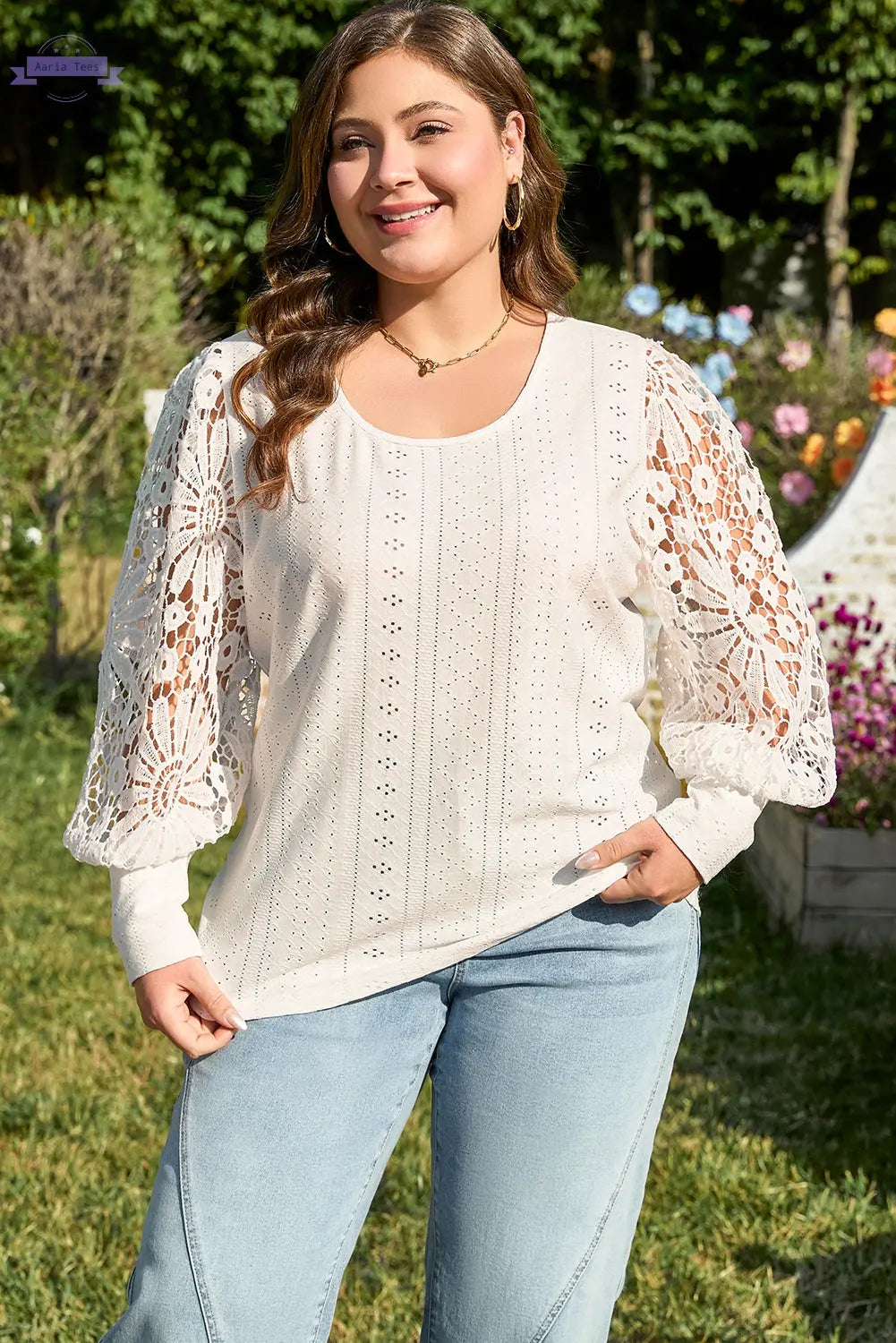 Apricot Contrast Floral Guipure Lace Lantern Sleeve U Neck Plus Size Blouse Aaria Tees