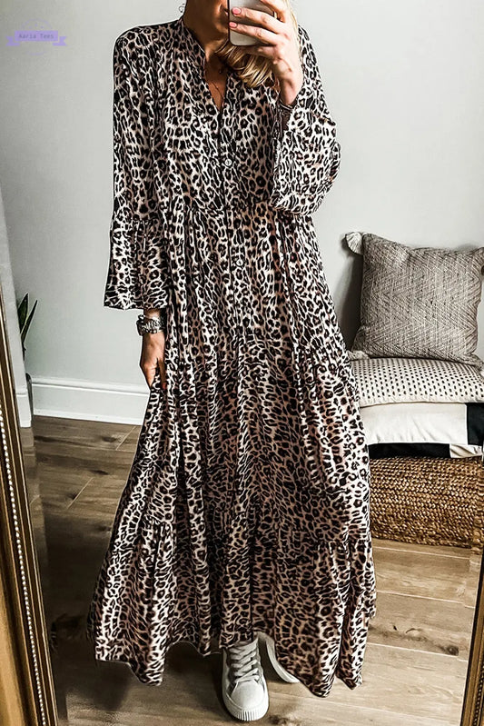 Apricot Leopard Print Tiered Wide Sleeve Maxi Dress Aaria Tees