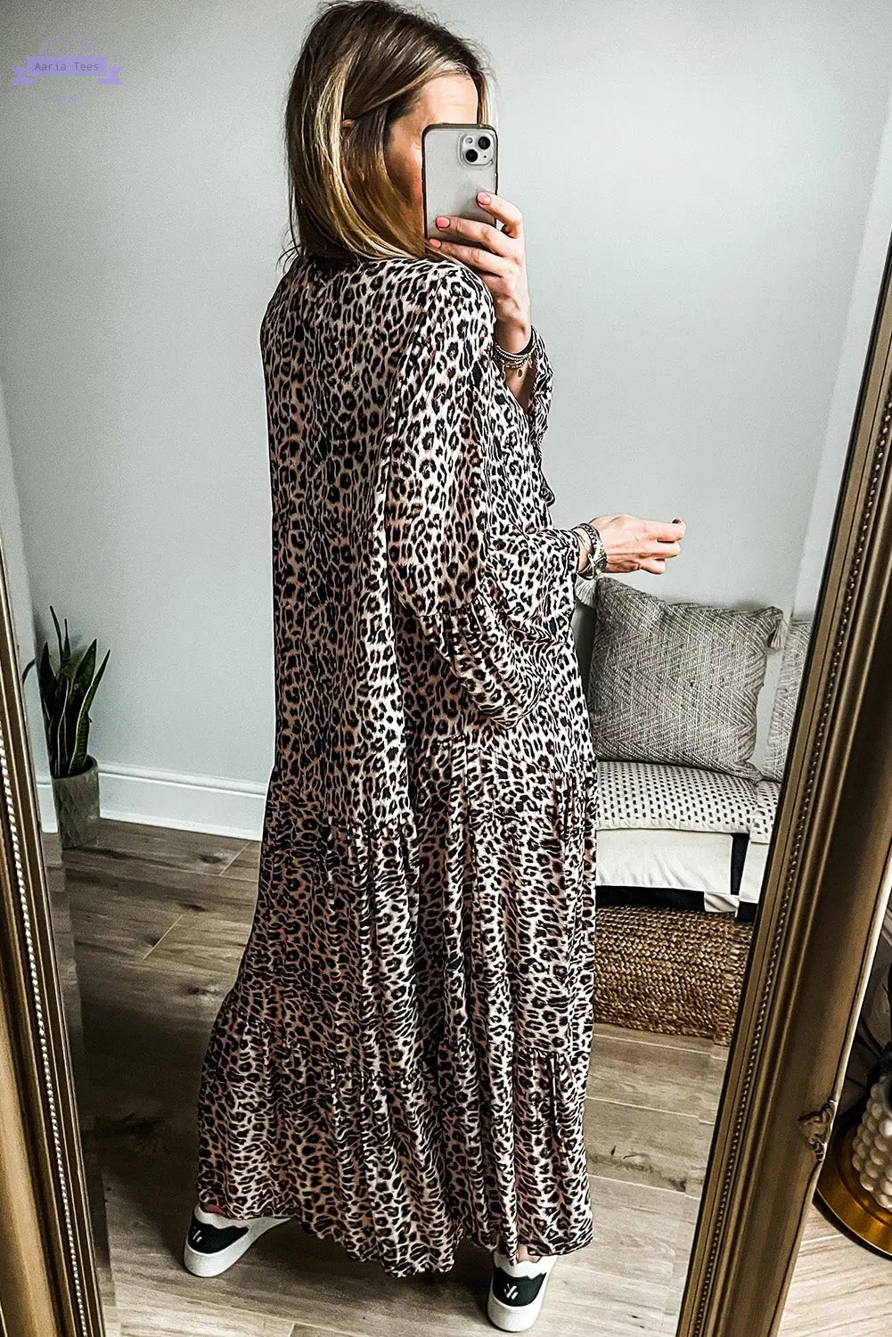Apricot Leopard Print Tiered Wide Sleeve Maxi Dress Aaria Tees
