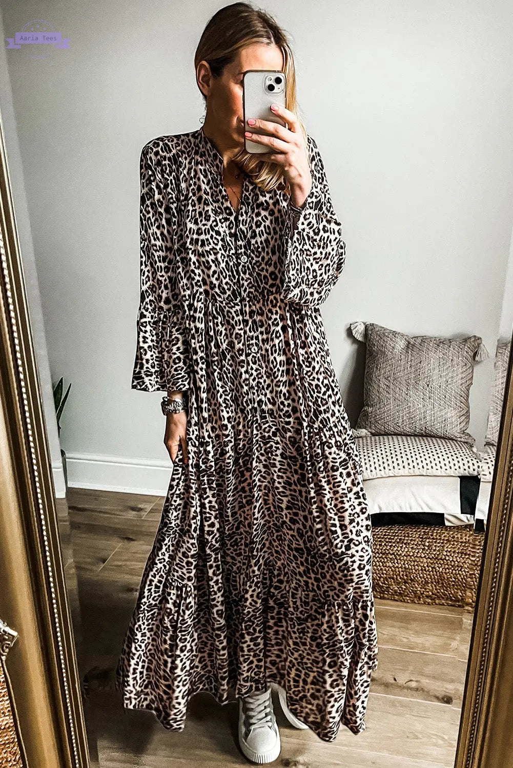 Apricot Leopard Print Tiered Wide Sleeve Maxi Dress Aaria Tees