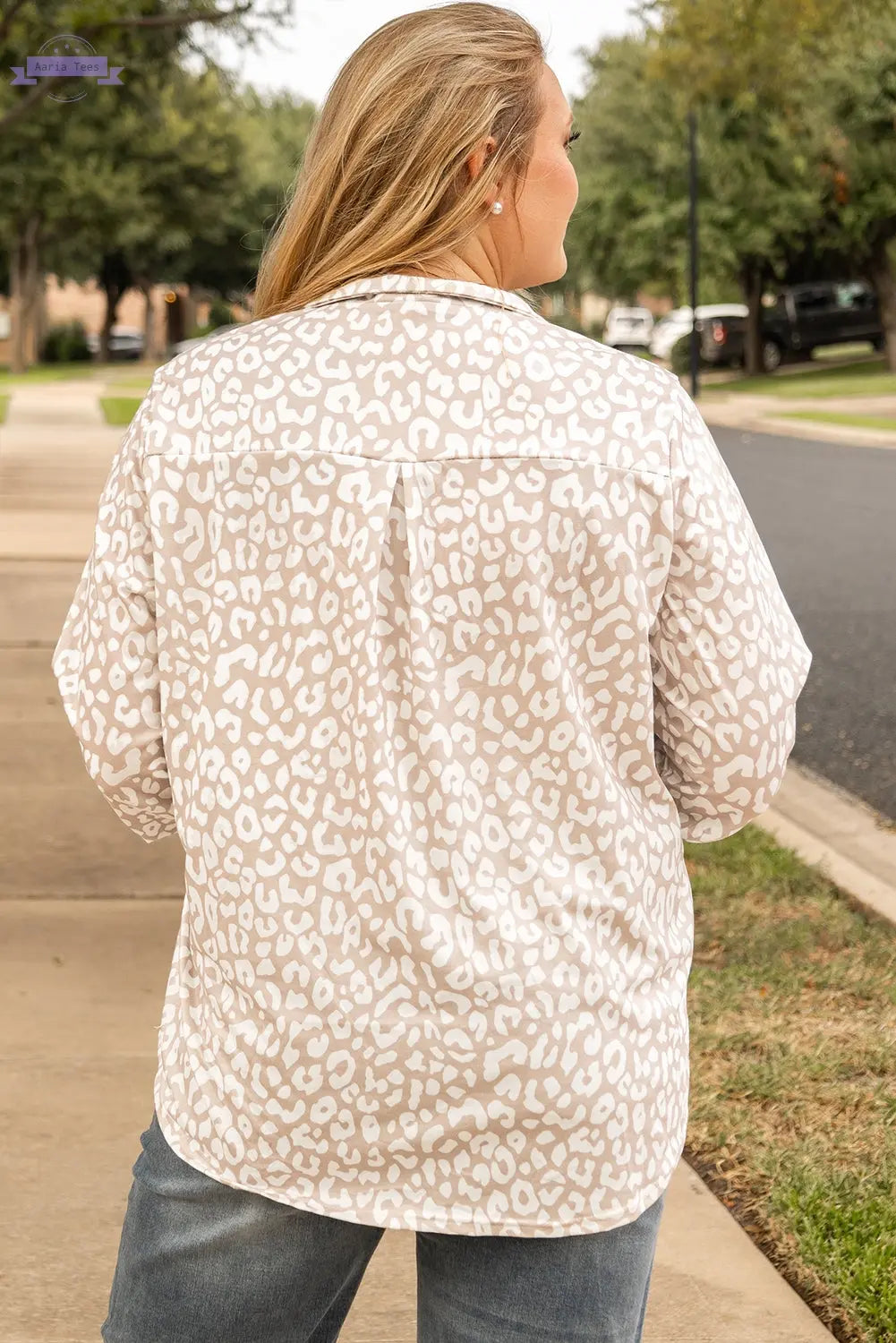 Apricot Leopard Tab Sleeve V Neck Plus Size Top Aaria Tees