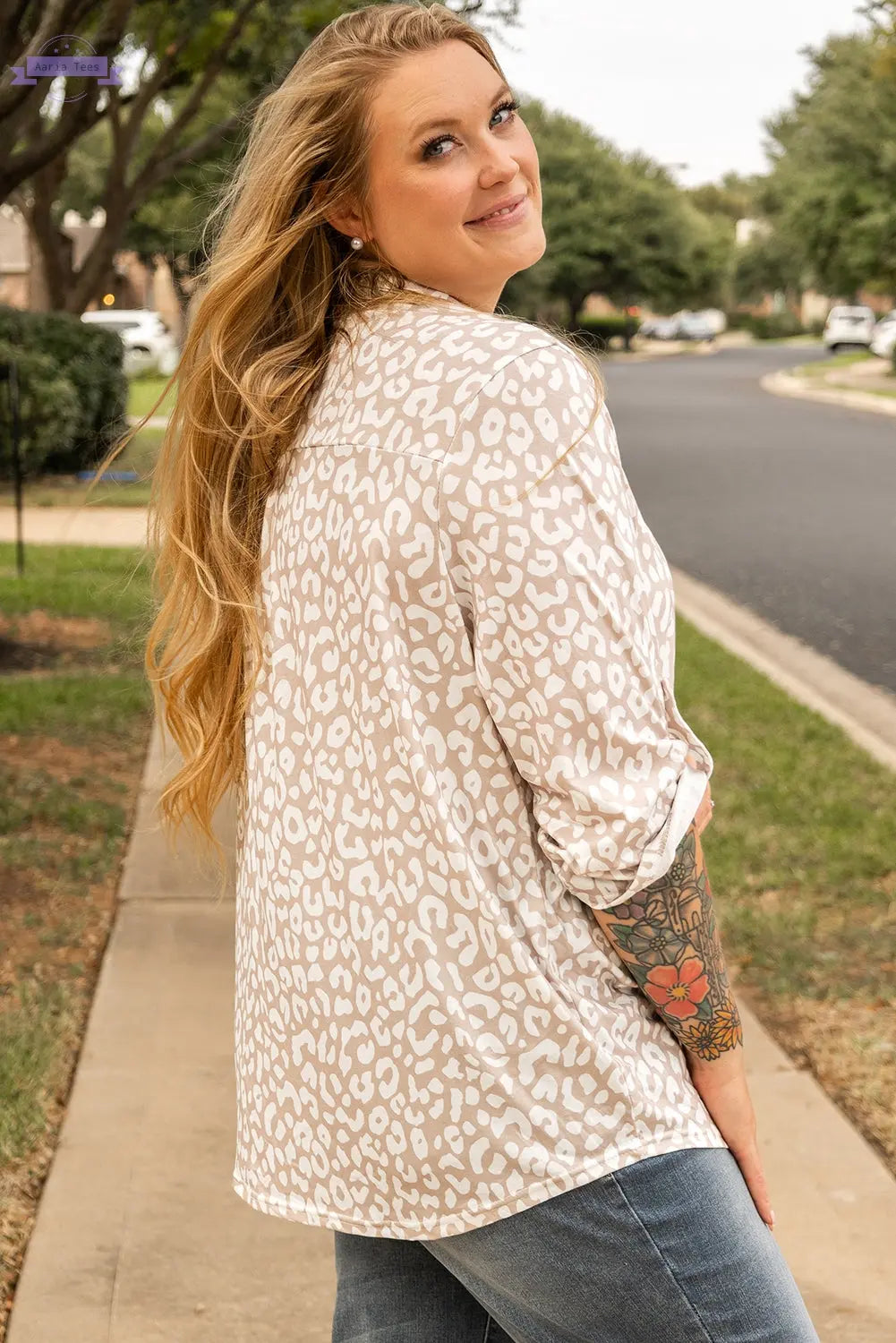 Apricot Leopard Tab Sleeve V Neck Plus Size Top Aaria Tees