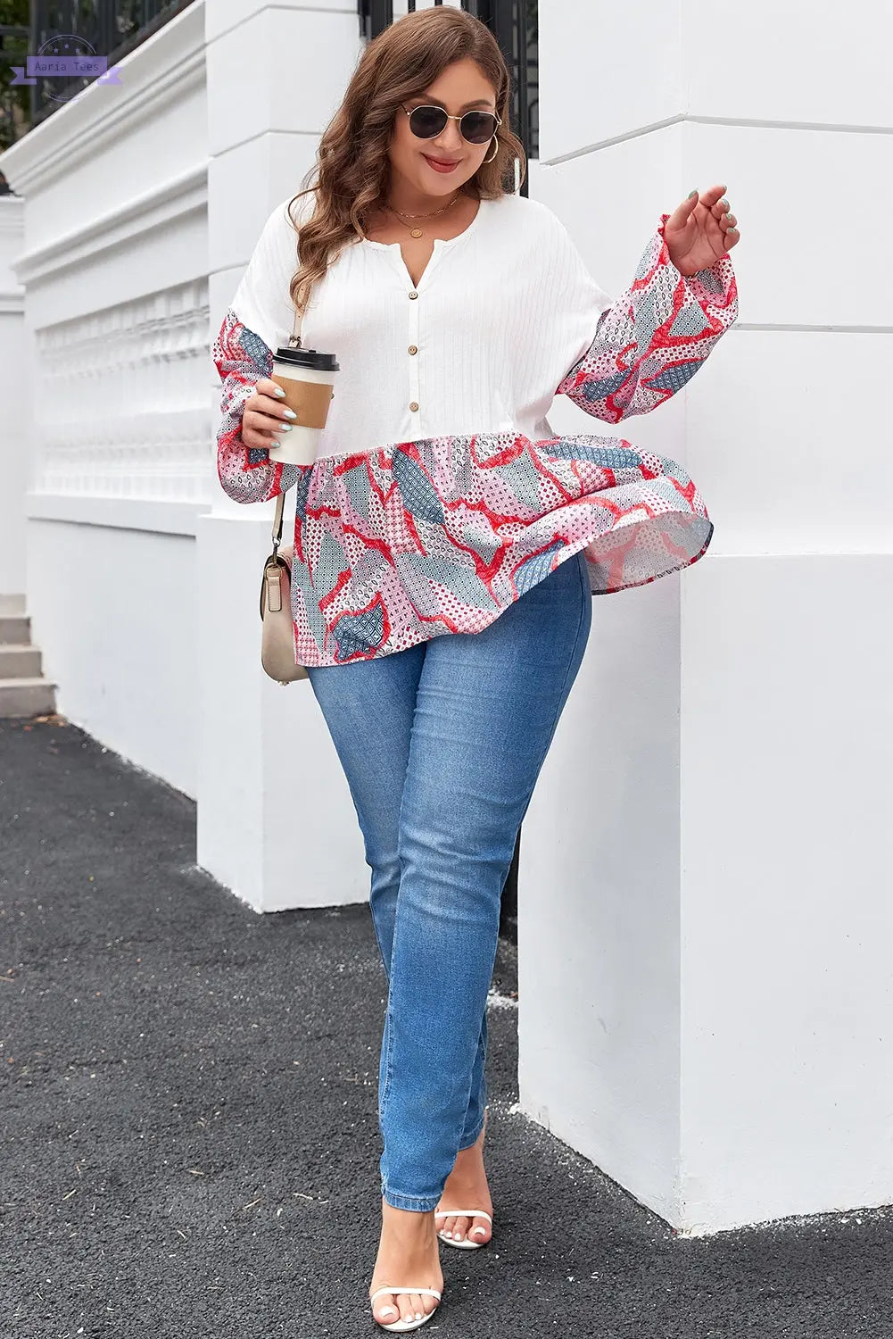 Apricot Plus Size Printed Patchwork Textured Buttoned Blouse Aaria Tees Aaria Tees