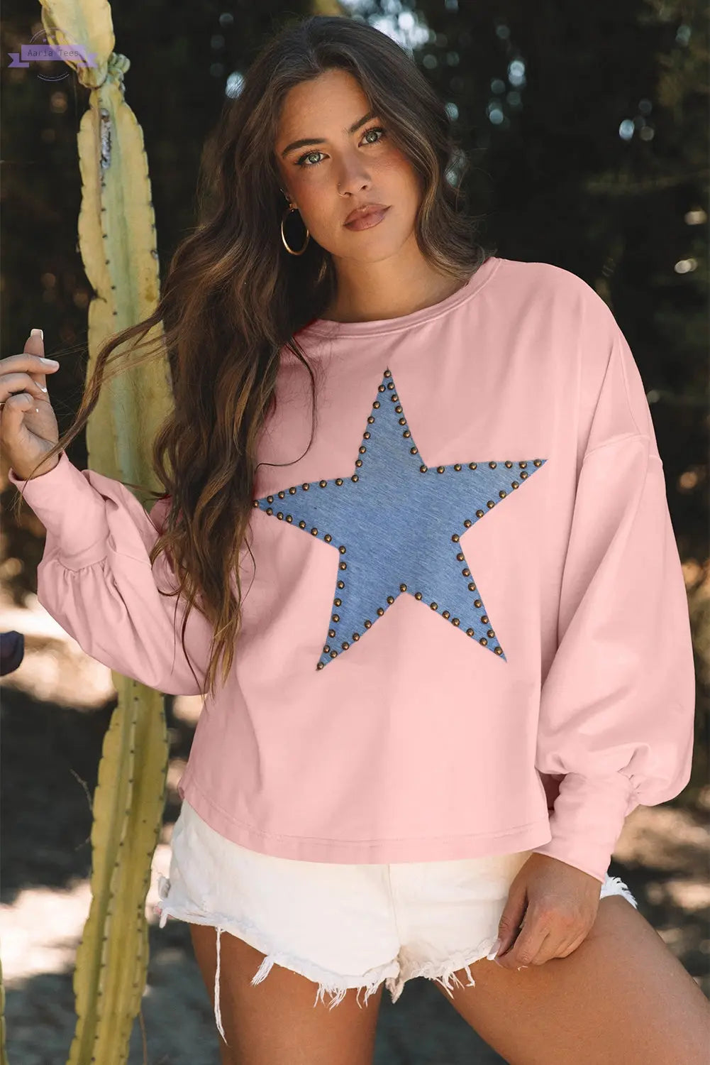 Apricot Studded Star Graphic Oversized Long Sleeve Top Aaria Tees