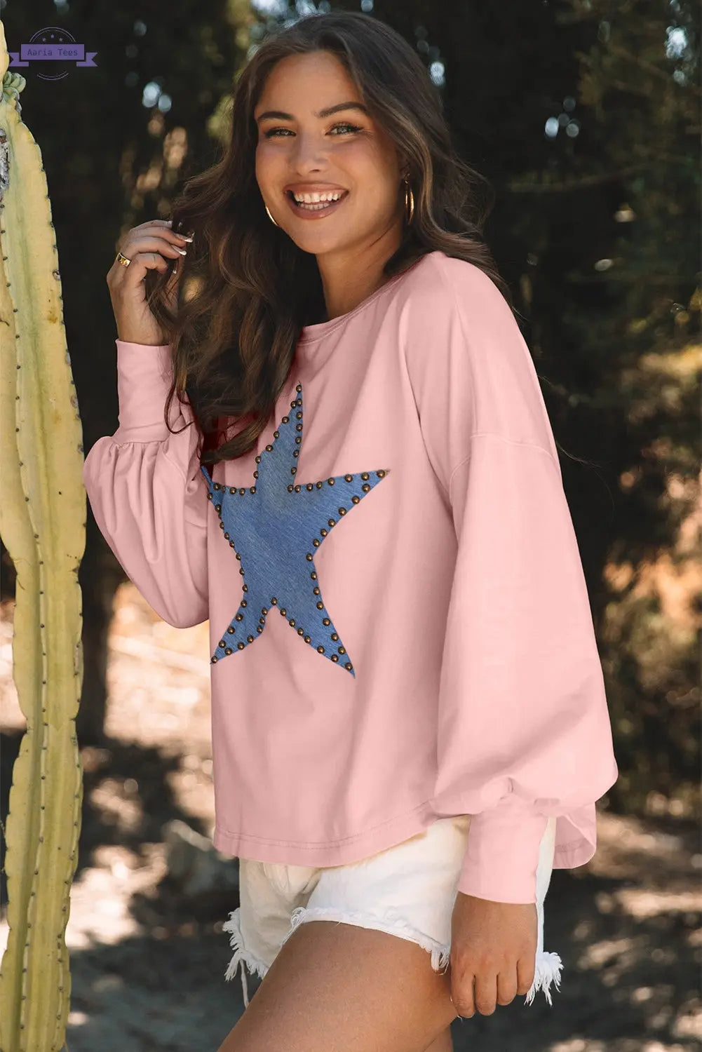 Apricot Studded Star Graphic Oversized Long Sleeve Top Aaria Tees