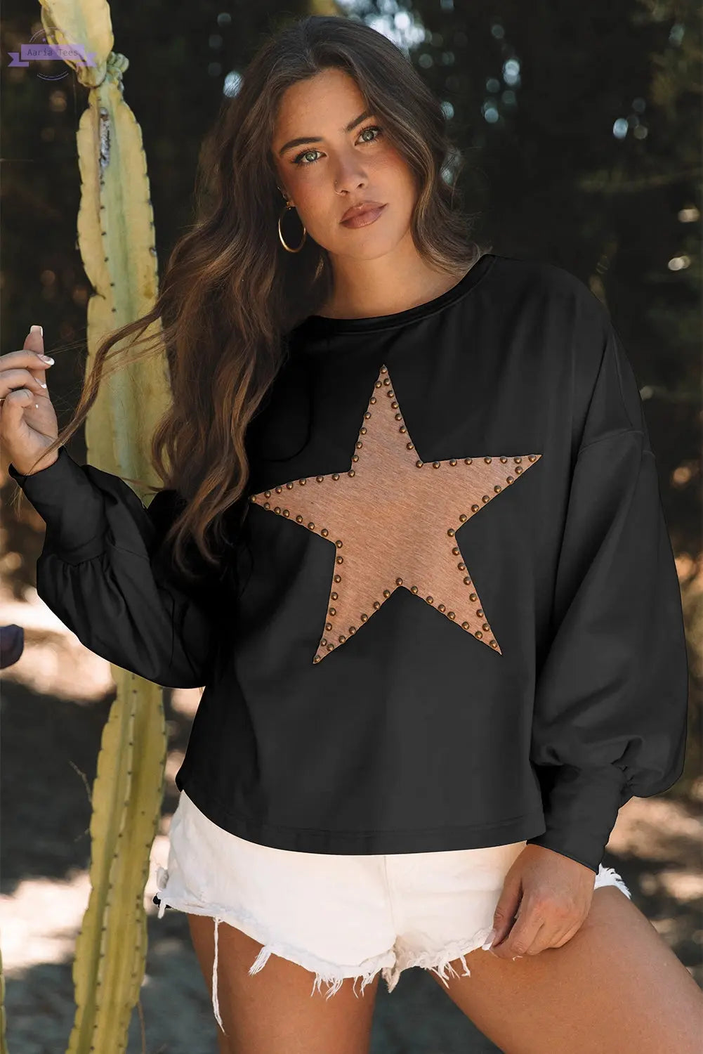Apricot Studded Star Graphic Oversized Long Sleeve Top Aaria Tees