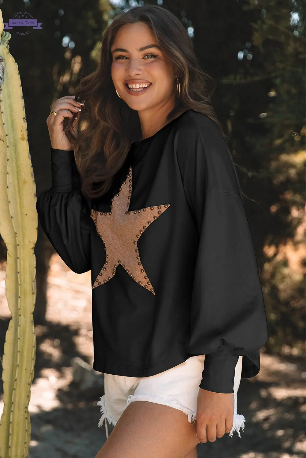 Apricot Studded Star Graphic Oversized Long Sleeve Top Aaria Tees