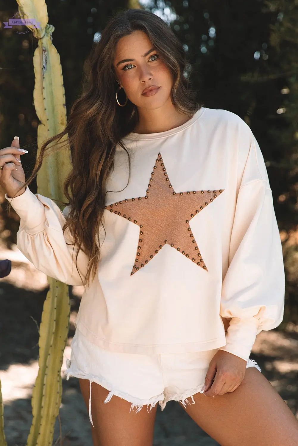 Apricot Studded Star Graphic Oversized Long Sleeve Top Aaria Tees