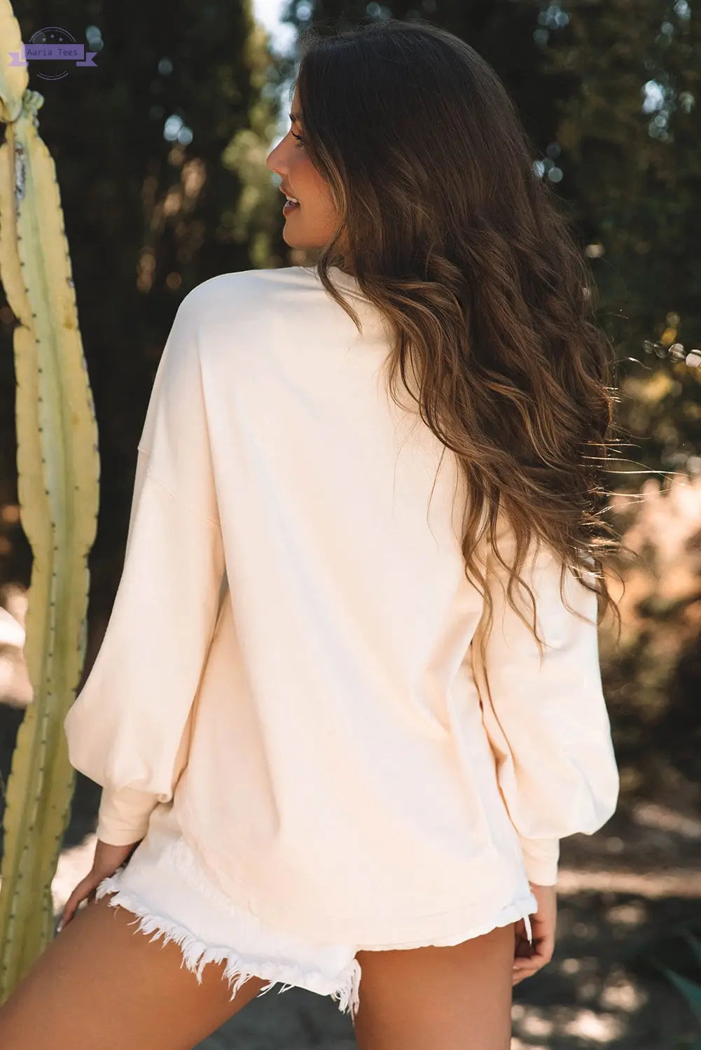 Apricot Studded Star Graphic Oversized Long Sleeve Top Aaria Tees