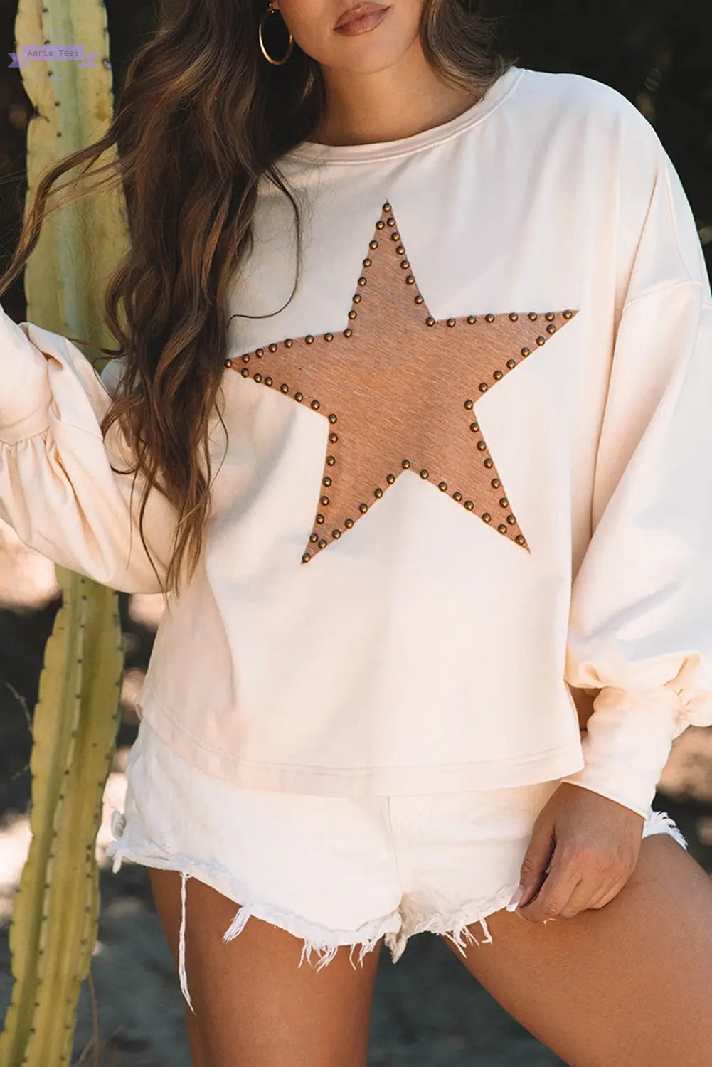 Apricot Studded Star Graphic Oversized Long Sleeve Top Aaria Tees