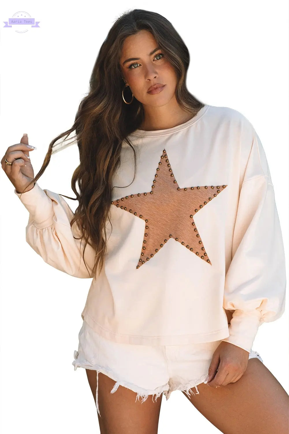 Apricot Studded Star Graphic Oversized Long Sleeve Top Aaria Tees