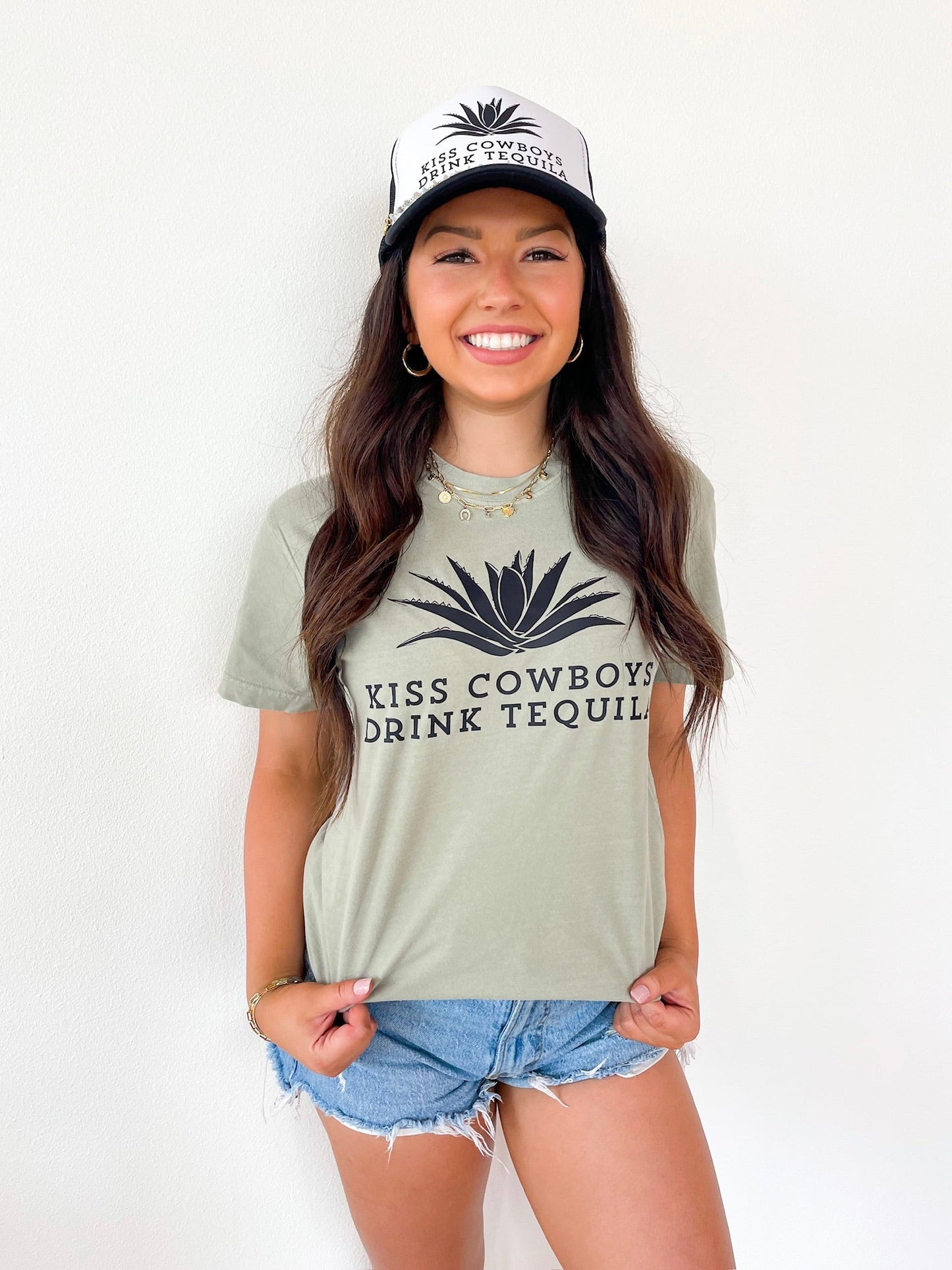 Kiss Cowboys Drink Tequila Tee - Sage