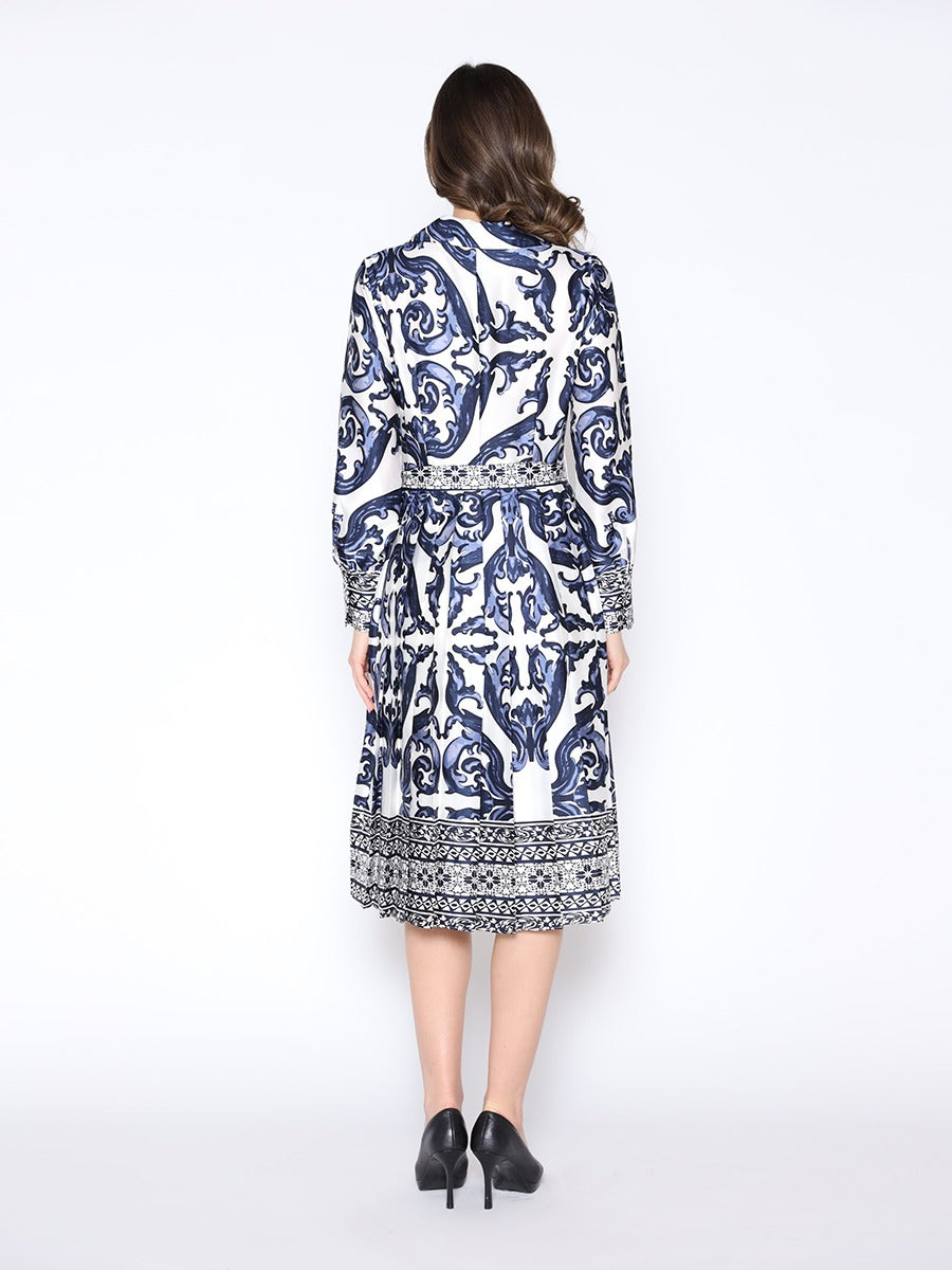 Floral Long Sleeve Lapel Collar Tie Belt Dress - Gracia D36953 - Aaria Tees