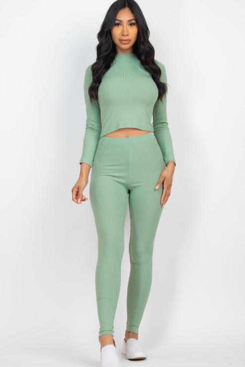 Ribbed Mock Neck Long Sleeve Top & Leggings Set (capella)