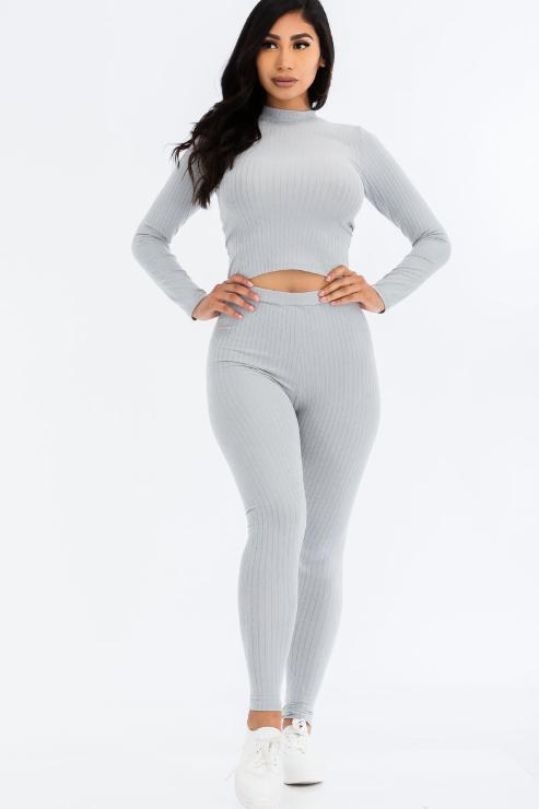 Ribbed Mock Neck Long Sleeve Top & Leggings Set (capella)