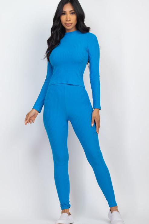 Ribbed Mock Neck Long Sleeve Top & Leggings Set (capella)