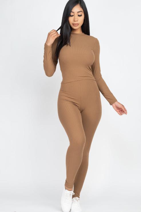 Ribbed Mock Neck Long Sleeve Top & Leggings Set (capella)