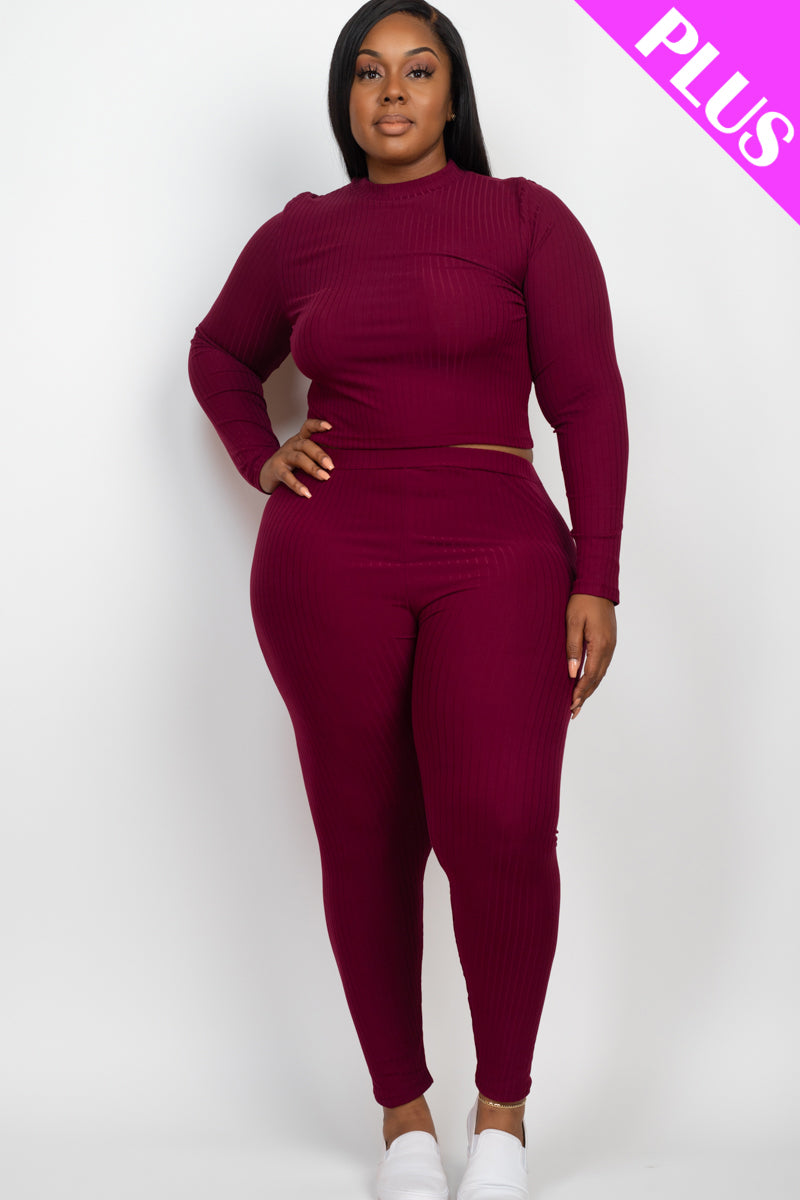 Plus Size Ribbed Mock Neck Long Sleeve Top & Leggings Set (capella)