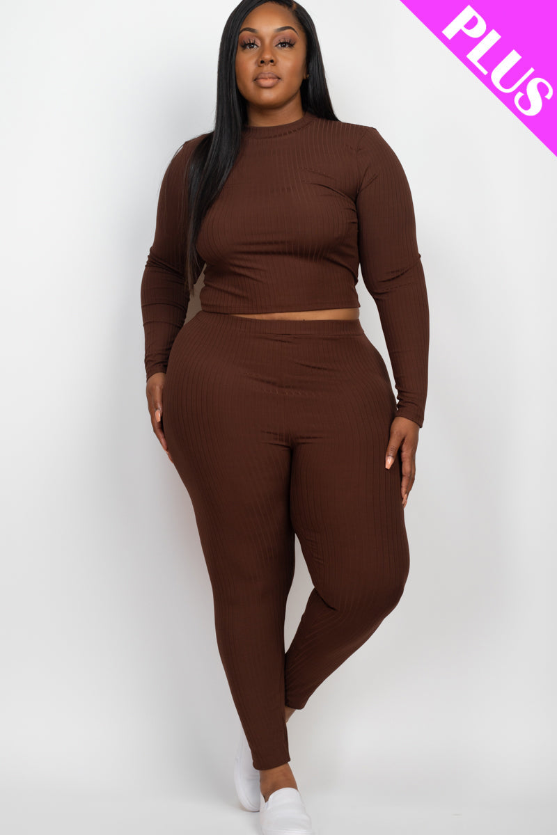 Plus Size Ribbed Mock Neck Long Sleeve Top & Leggings Set (capella)