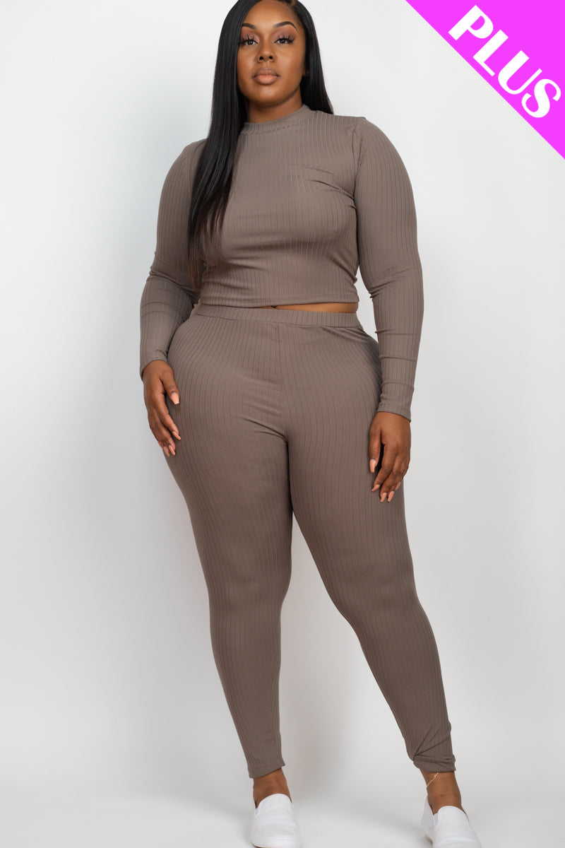 Plus Size Ribbed Mock Neck Long Sleeve Top & Leggings Set (capella)