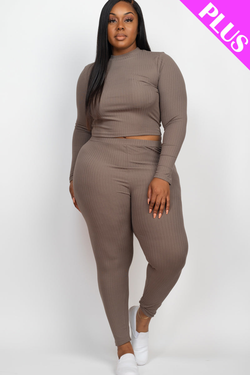 Plus Size Ribbed Mock Neck Long Sleeve Top & Leggings Set (capella)