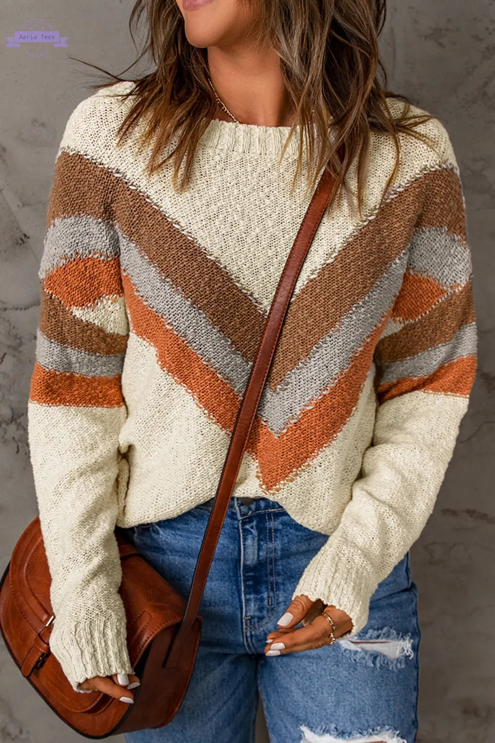 Beige Chevron Striped Drop Shoulder Sweater - Aaria Tees Aaria Tees