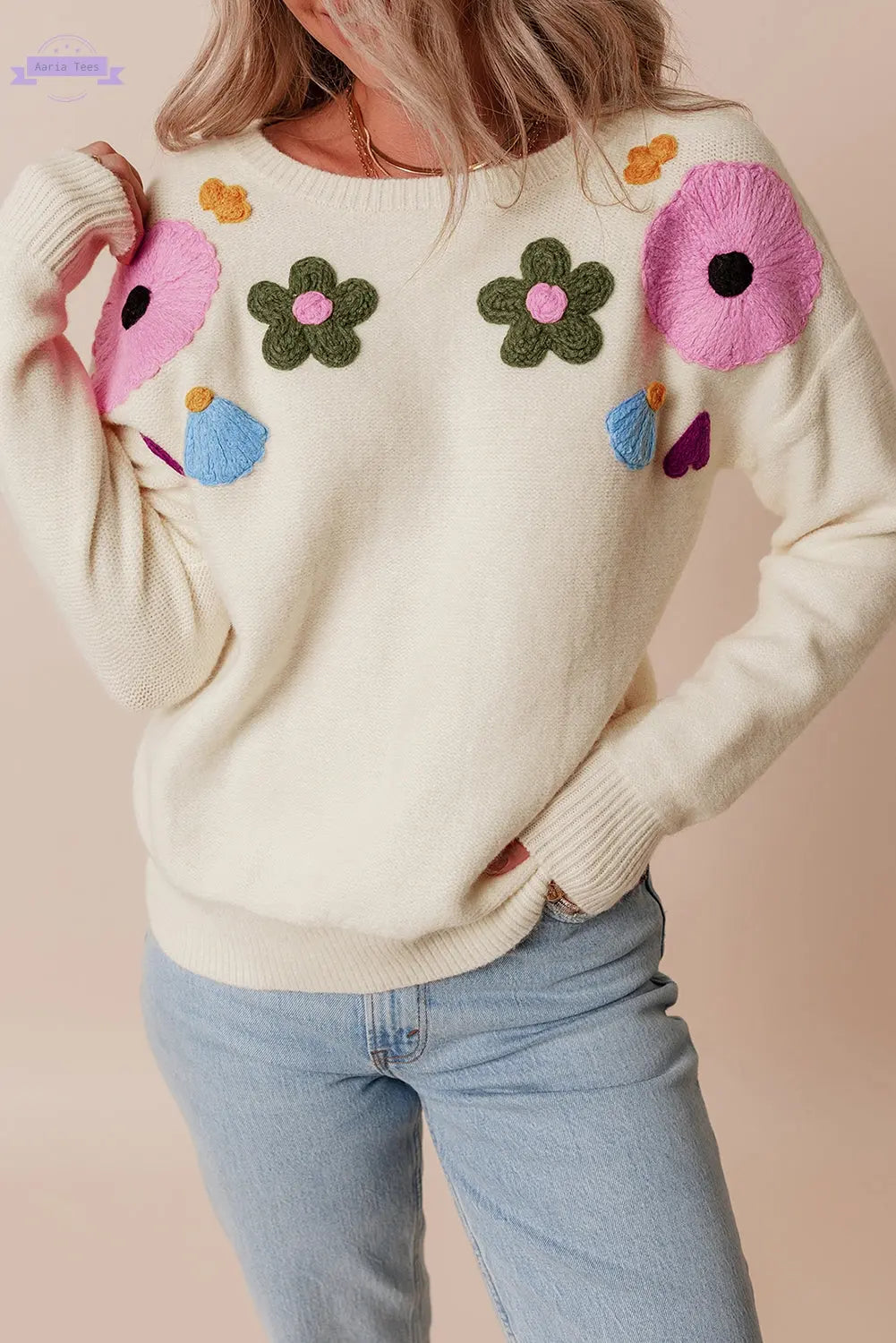 Beige Knitted Flower Pattern Ribbed Edge Sweater - Aaria Tees Aaria Tees