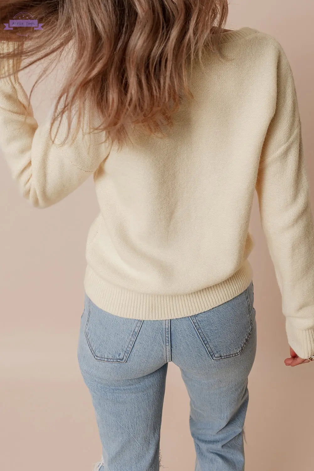 Beige Knitted Flower Pattern Ribbed Edge Sweater - Aaria Tees Aaria Tees