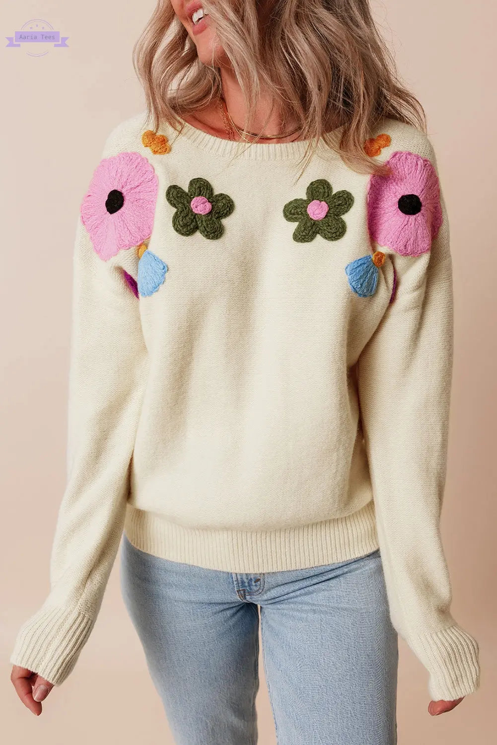 Beige Knitted Flower Pattern Ribbed Edge Sweater - Aaria Tees Aaria Tees